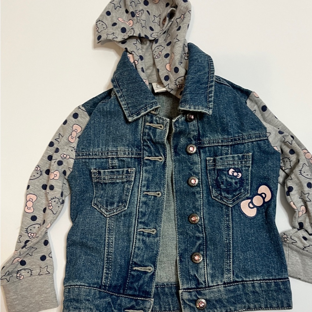 Hello Kitty Blue Denim Jacket with Gray Patterned Sleeves